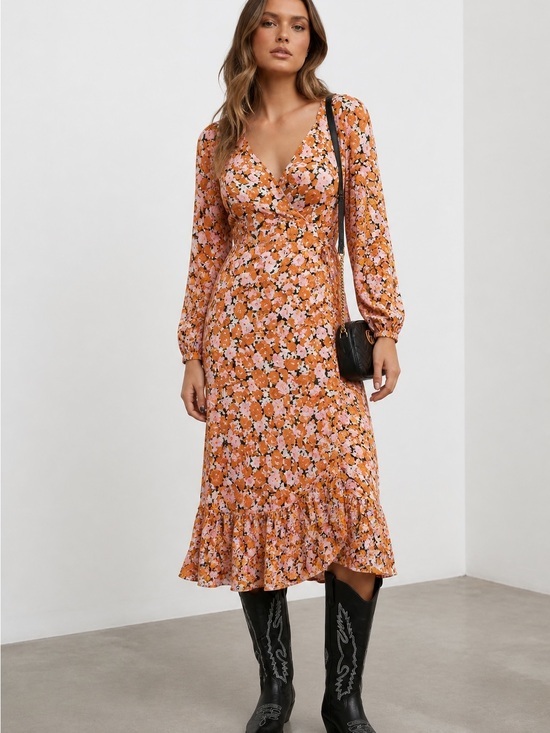 Wayf Dresses & Skirts - Wayf Orange Floral V-Neck Midi Dress